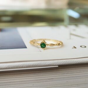 Faux Green Emerald Dainty Gold Ring, Dainty Minimalist Statement Stacking Ring